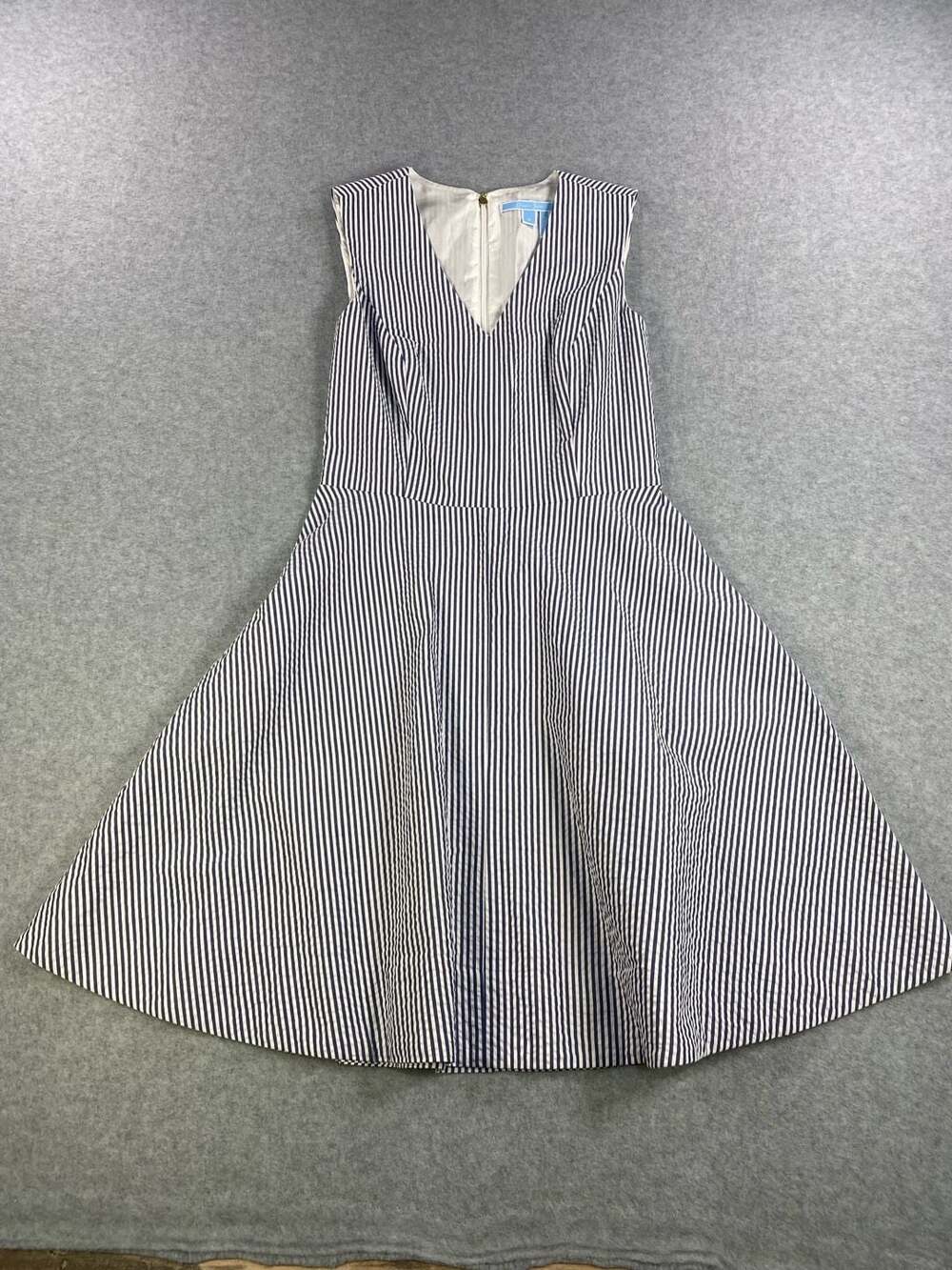 Draper James Blue and White Striped Seersucker Sleeveless Fit and Flare Dress